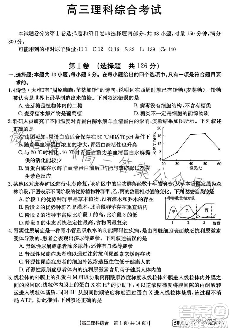 2023金太陽聯(lián)考5001CHEN高三理科綜合試卷答案