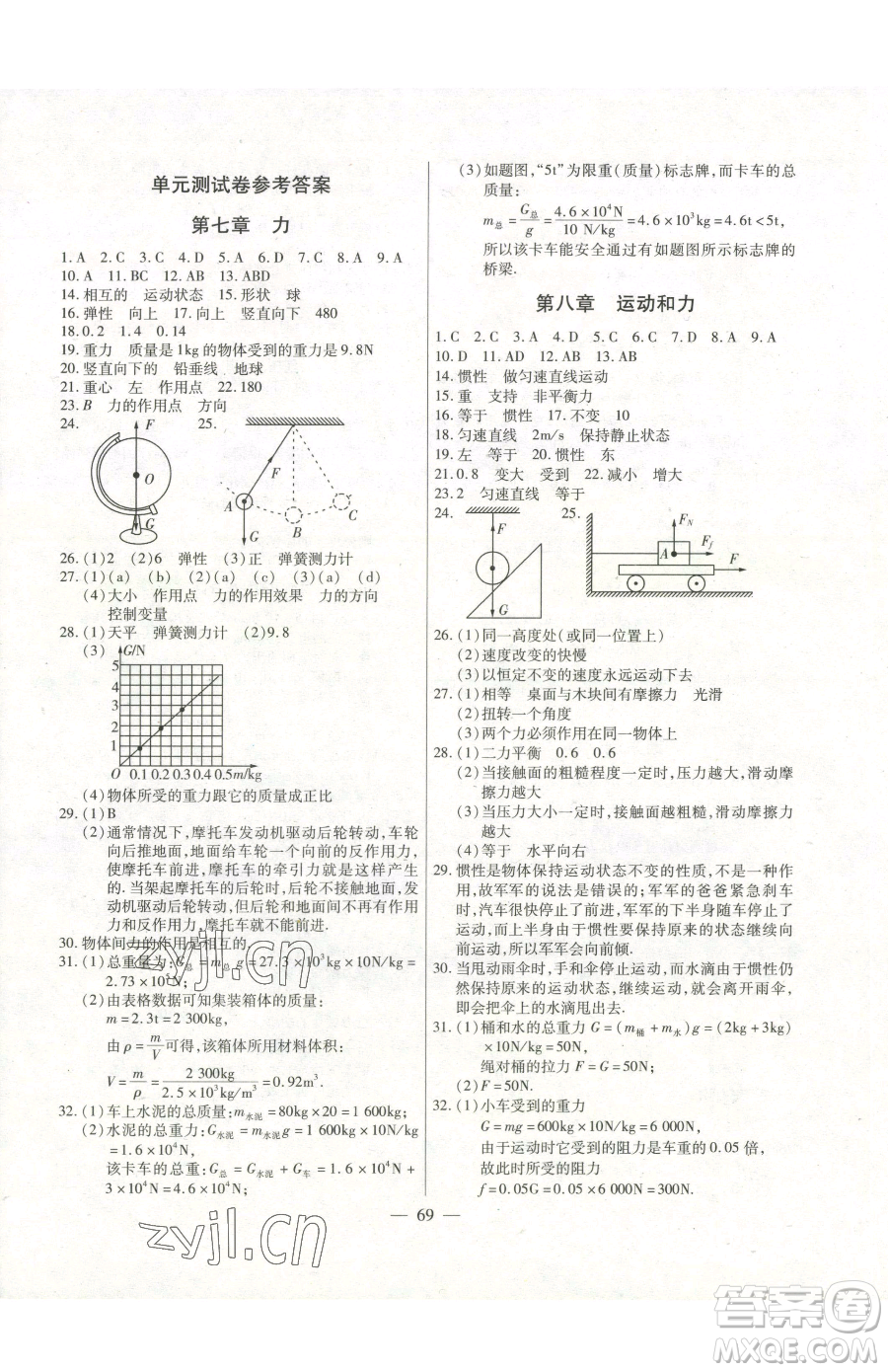 團(tuán)結(jié)出版社2023全練練測考八年級下冊物理人教版參考答案