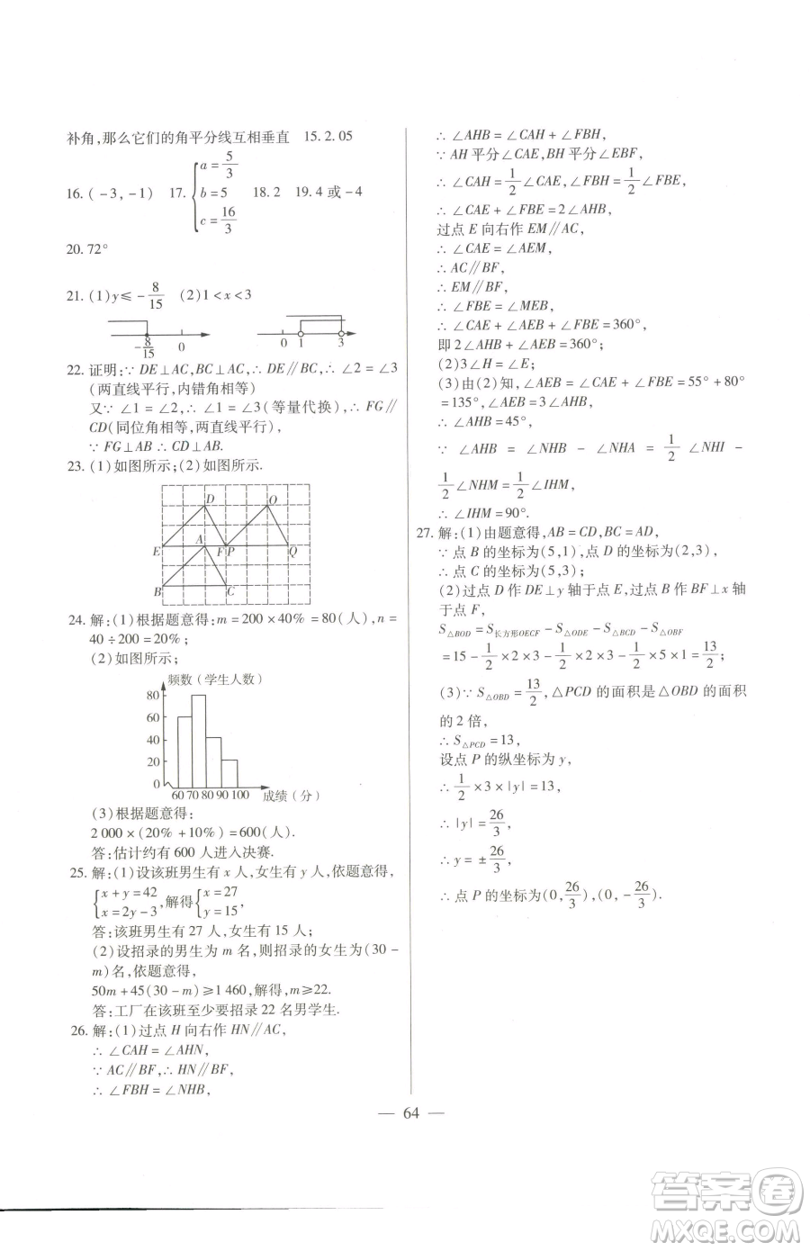 團(tuán)結(jié)出版社2023全練練測(cè)考七年級(jí)下冊(cè)數(shù)學(xué)人教版參考答案
