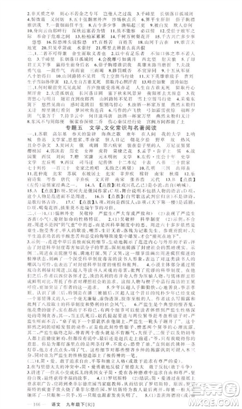 新疆青少年出版社2023原創(chuàng)新課堂九年級(jí)語(yǔ)文下冊(cè)人教版少年季河南專版參考答案