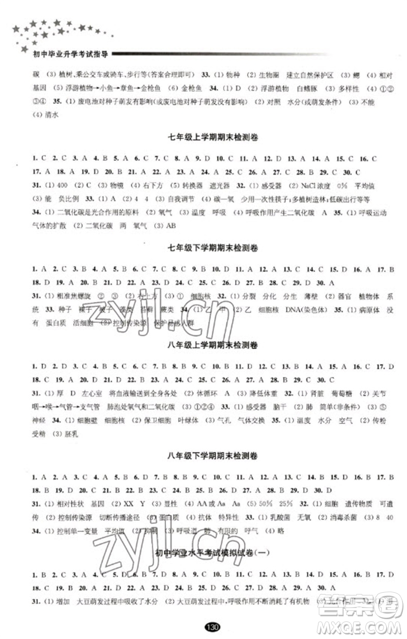 江蘇鳳凰教育出版社2023初中畢業(yè)升學(xué)考試指導(dǎo)九年級(jí)生物通用版參考答案