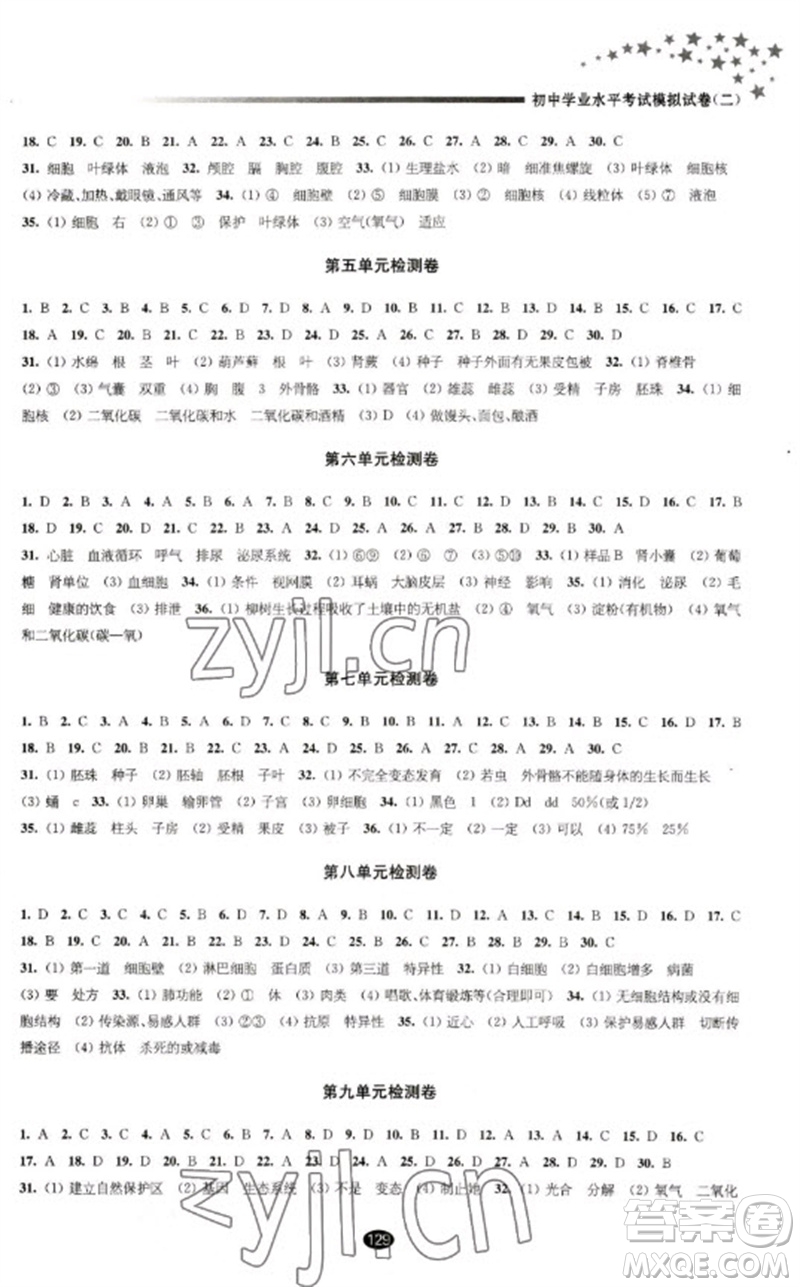 江蘇鳳凰教育出版社2023初中畢業(yè)升學(xué)考試指導(dǎo)九年級(jí)生物通用版參考答案