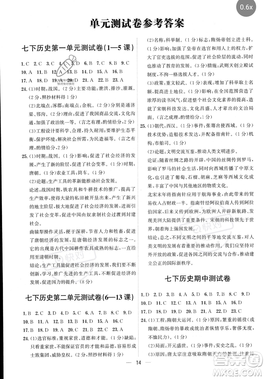 黑龍江教育出版社2023名師金典七年級下冊歷史人教版深圳專版參考答案