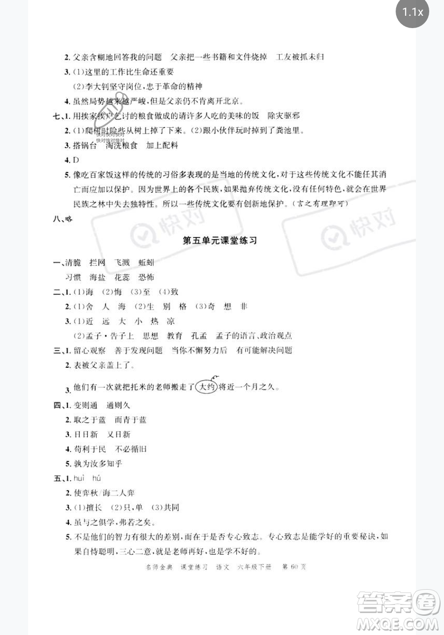 廣東經濟出版社2023名師金典課堂練習六年級下冊語文人教版參考答案