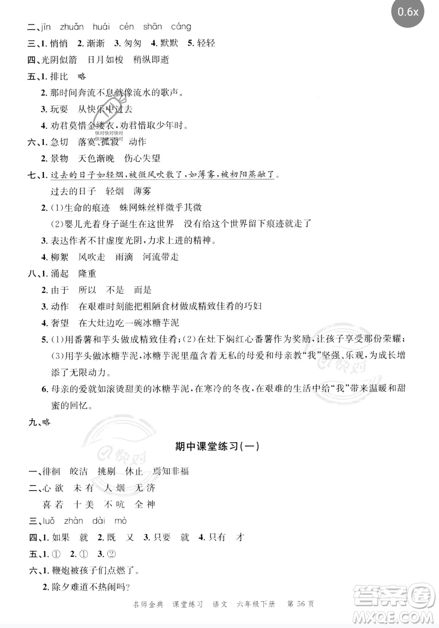 廣東經濟出版社2023名師金典課堂練習六年級下冊語文人教版參考答案