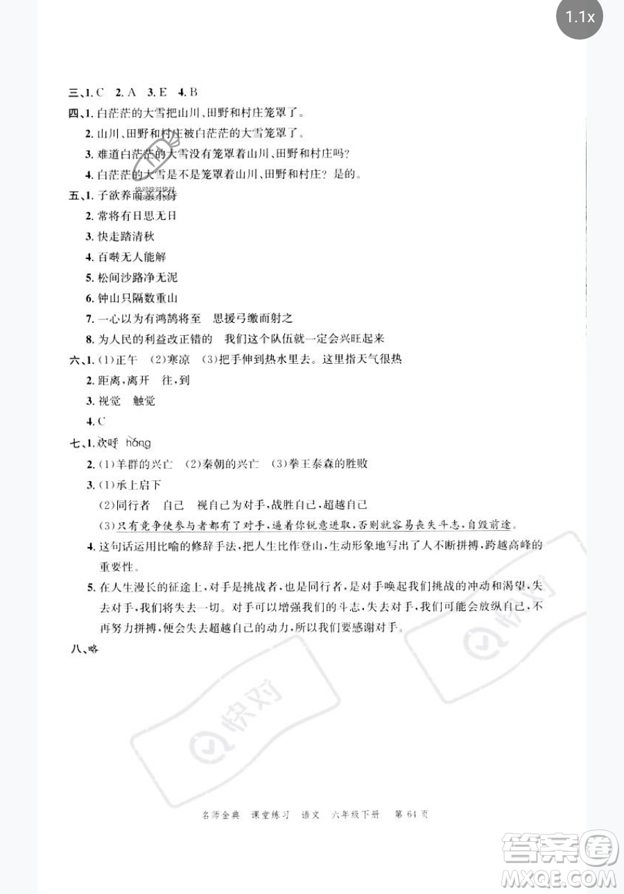廣東經濟出版社2023名師金典課堂練習六年級下冊語文人教版參考答案