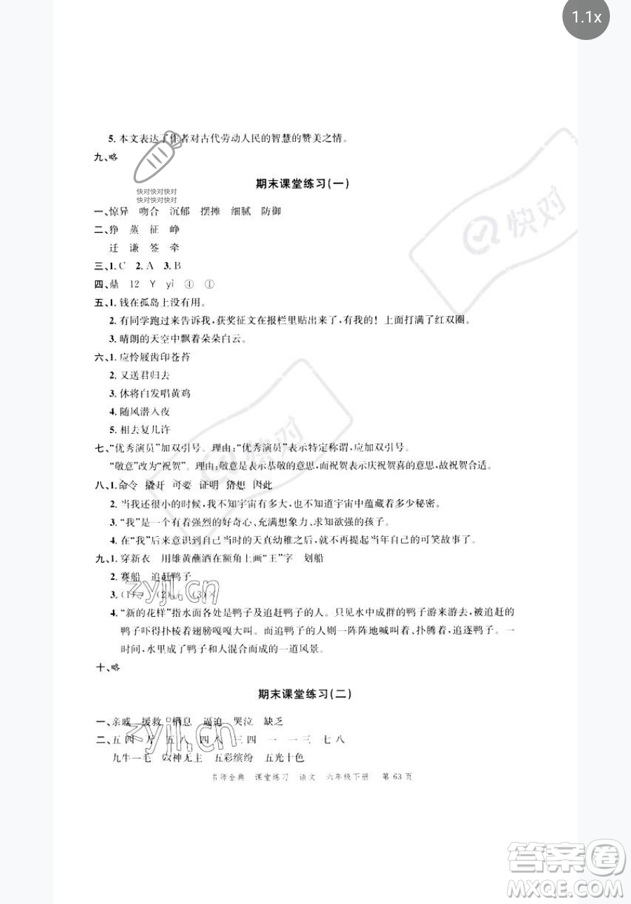 廣東經濟出版社2023名師金典課堂練習六年級下冊語文人教版參考答案