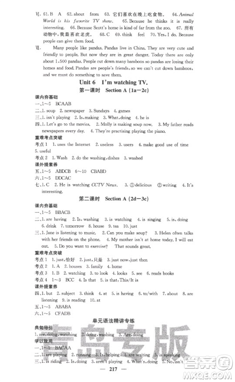 四川大學(xué)出版社2023名校課堂內(nèi)外七年級(jí)英語下冊(cè)人教版青島專版參考答案