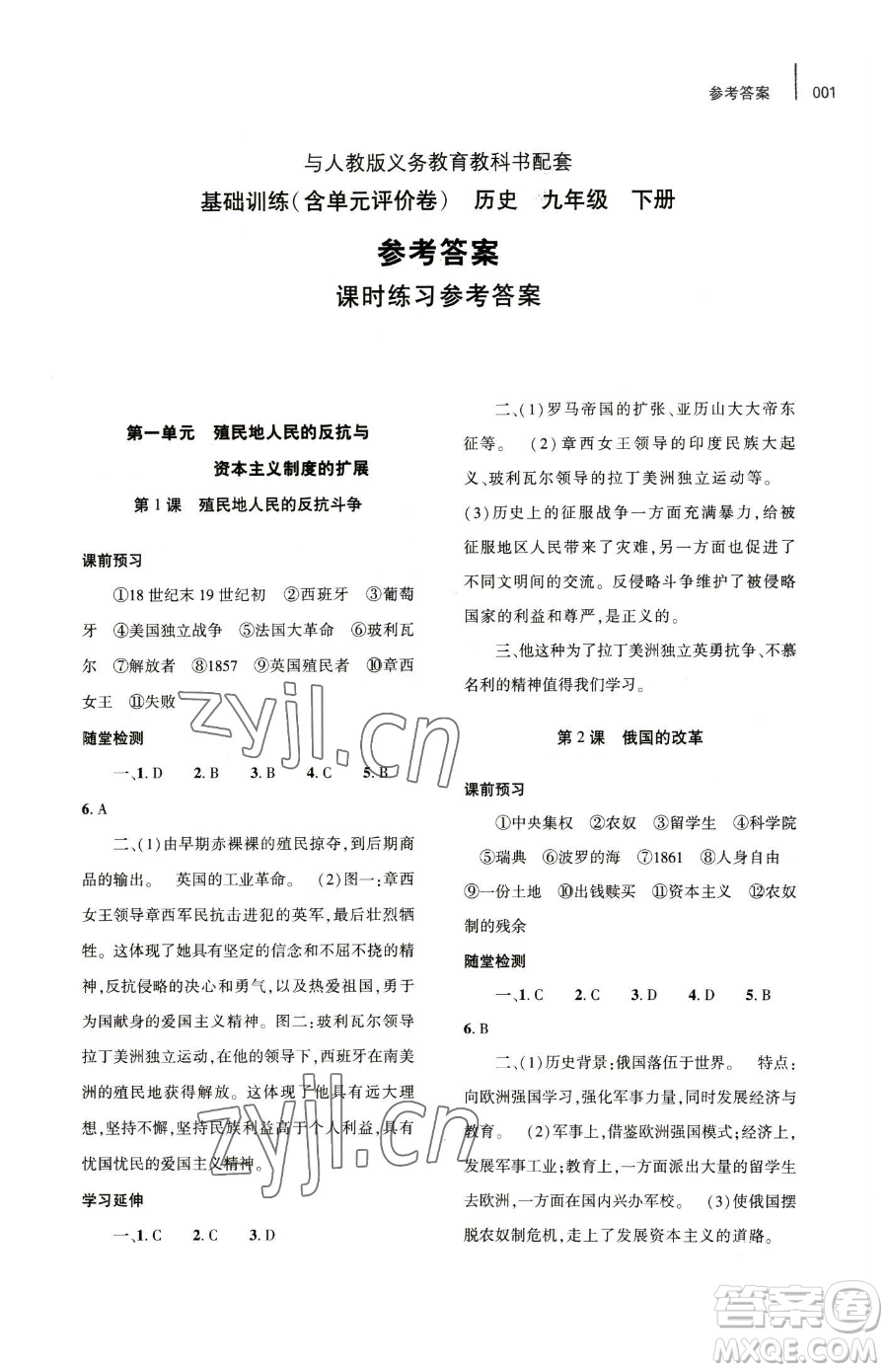 大象出版社2023基礎(chǔ)訓(xùn)練九年級下冊歷史人教版參考答案