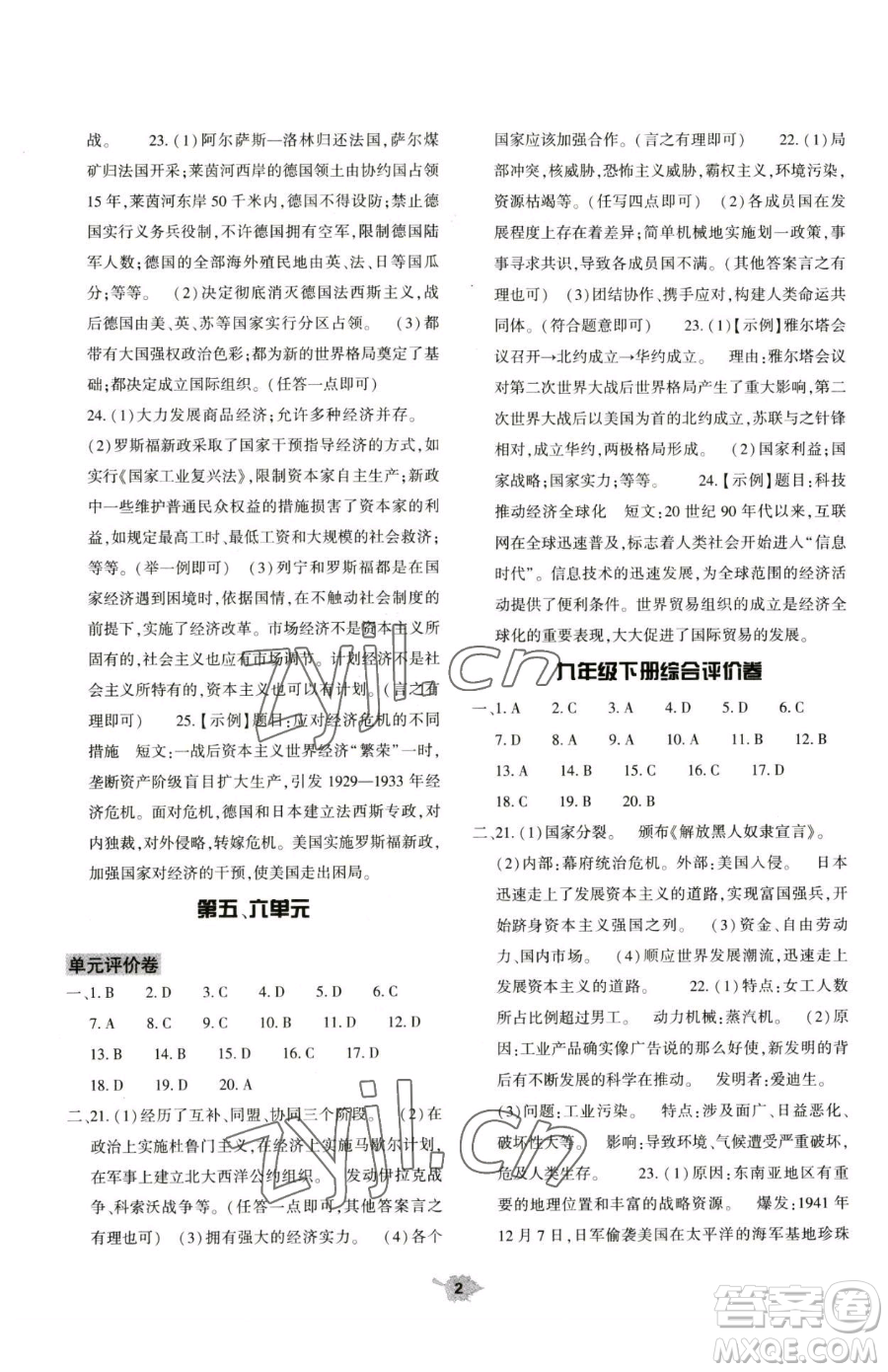大象出版社2023基礎(chǔ)訓(xùn)練九年級下冊歷史人教版參考答案