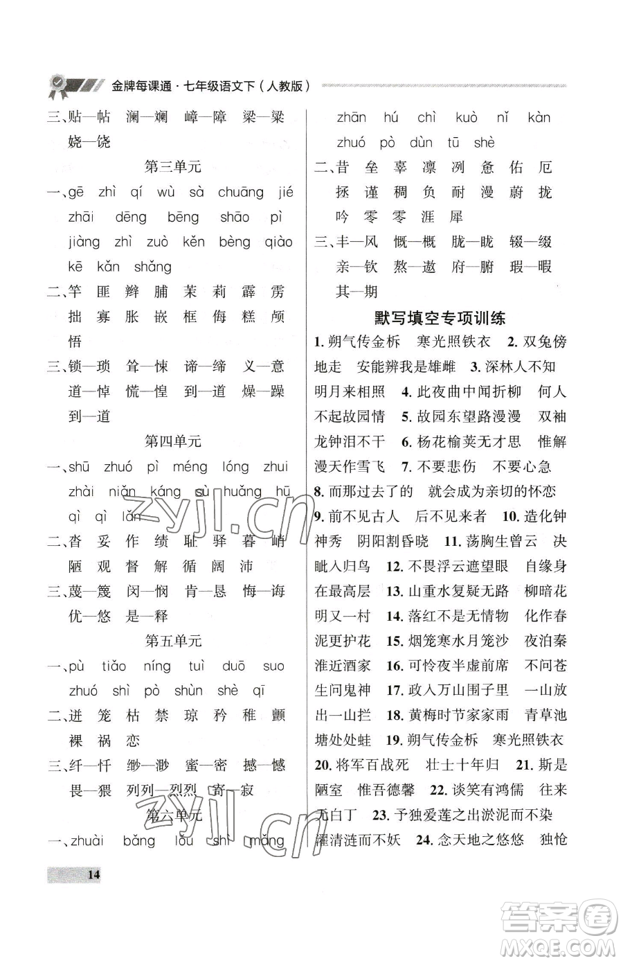 延邊大學(xué)出版社2023點(diǎn)石成金金牌每課通七年級下冊語文人教版大連專版參考答案
