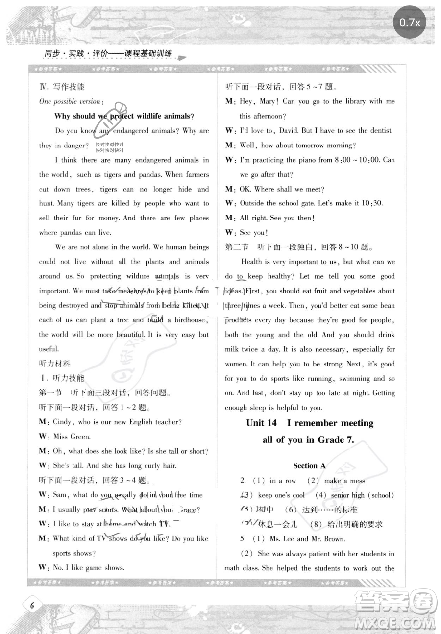 湖南少年兒童出版社2023同步實踐評價課程基礎(chǔ)訓(xùn)練九年級下冊英語人教版參考答案