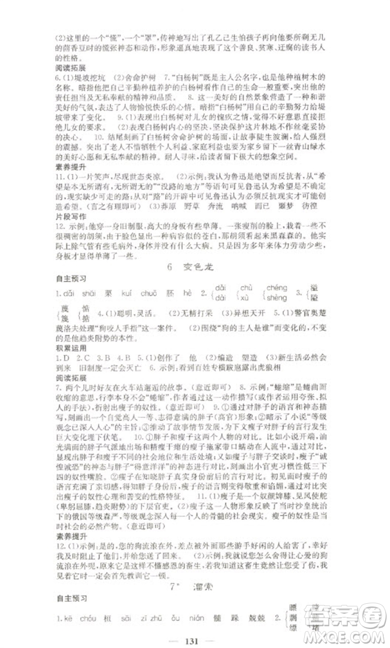 四川大學(xué)出版社2023名校課堂內(nèi)外九年級(jí)語文下冊人教版參考答案