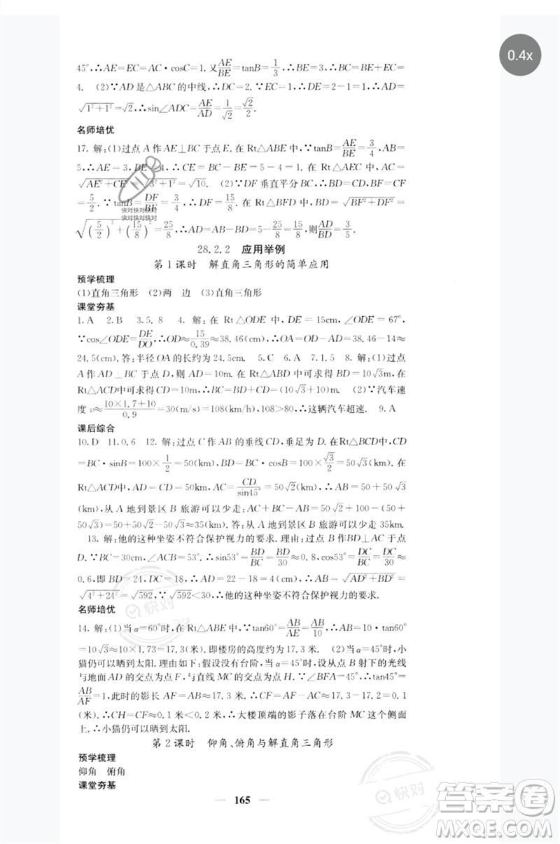 四川大學出版社2023名校課堂內外九年級數(shù)學下冊人教版參考答案