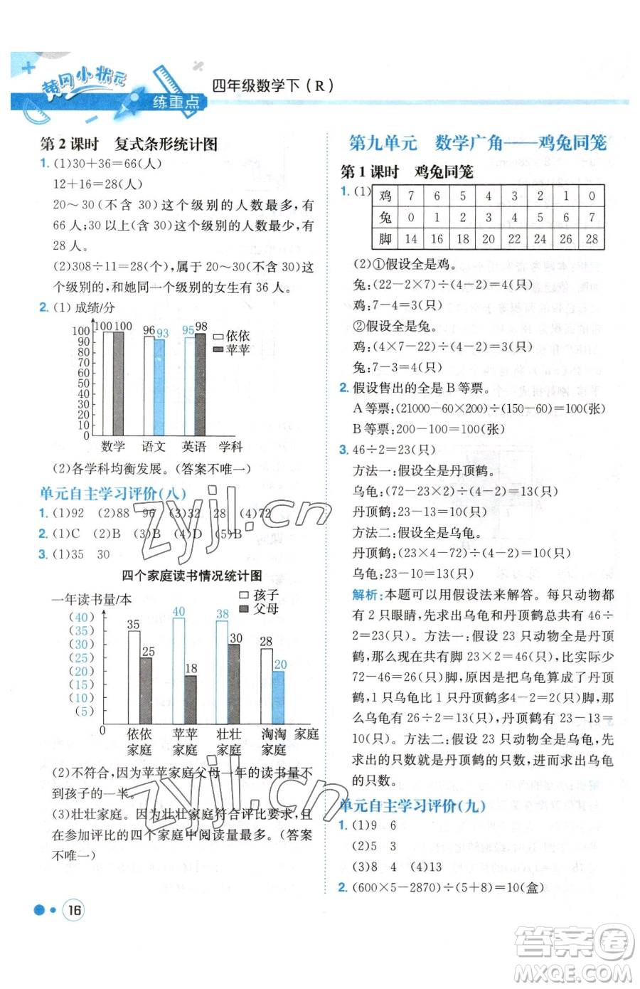 龍門書局2023黃岡小狀元練重點(diǎn)培優(yōu)同步作業(yè)四年級下冊數(shù)學(xué)人教版參考答案