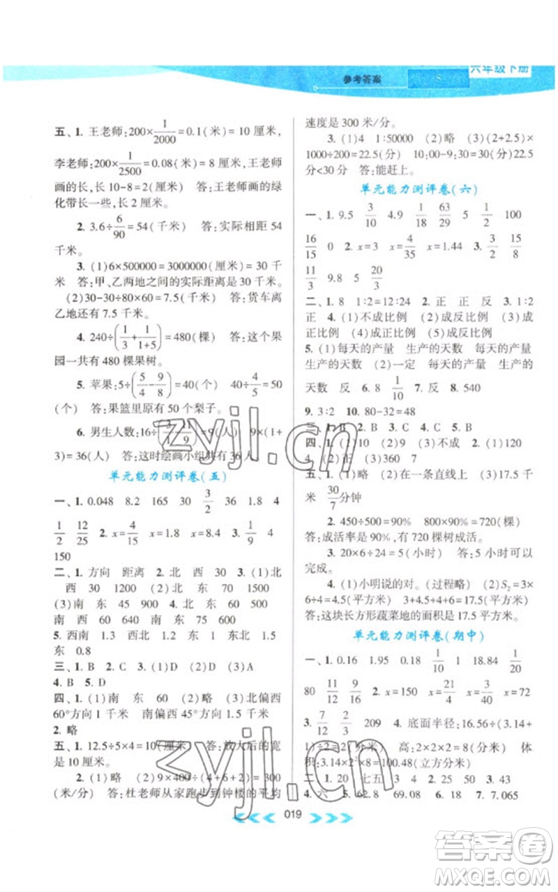 黃山書(shū)社2023自主學(xué)習(xí)當(dāng)堂反饋課時(shí)作業(yè)本六年級(jí)數(shù)學(xué)下冊(cè)蘇教版參考答案