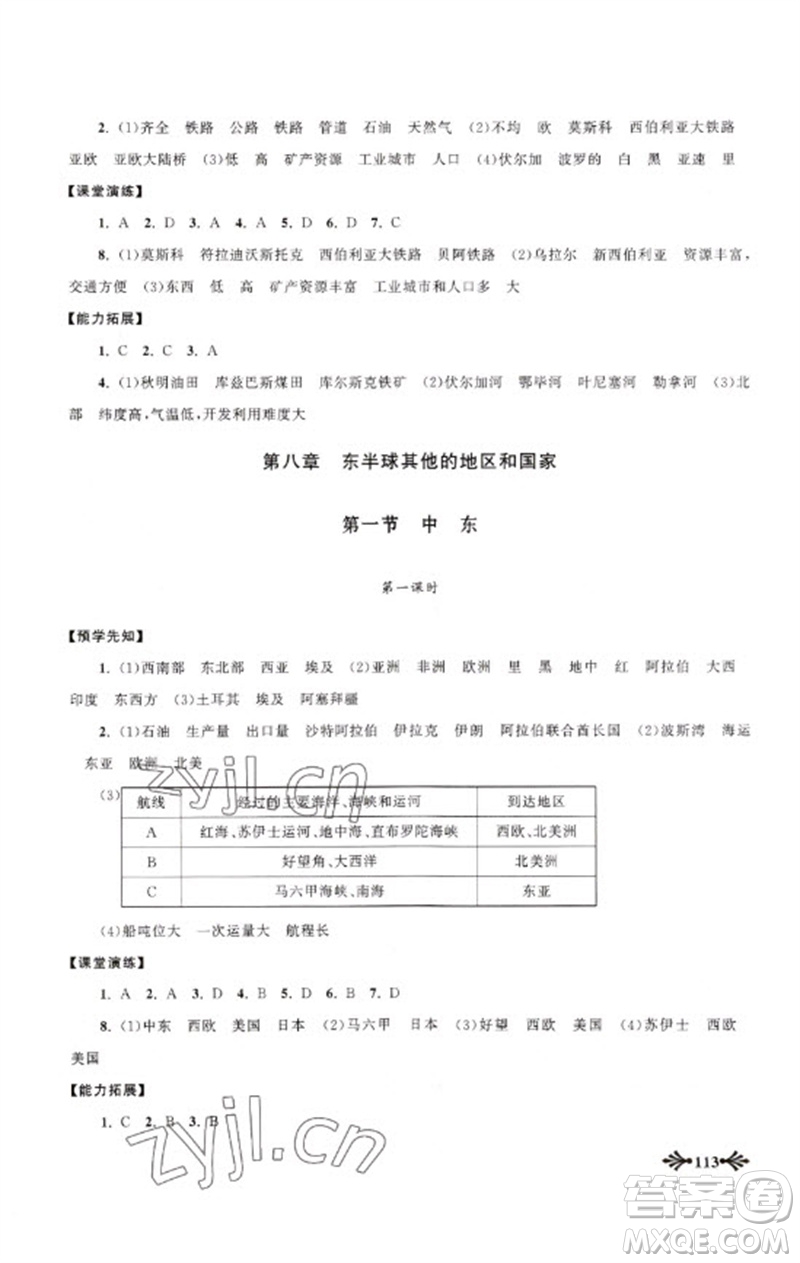 黃山書社2023自主學(xué)習當堂反饋七年級地理下冊人教版參考答案