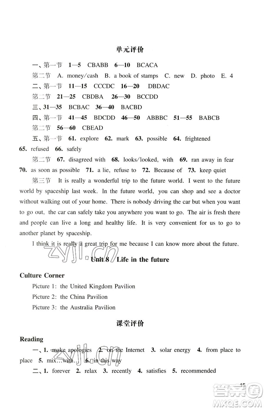 廣州出版社2023陽光學(xué)業(yè)評價八年級下冊英語滬教版參考答案