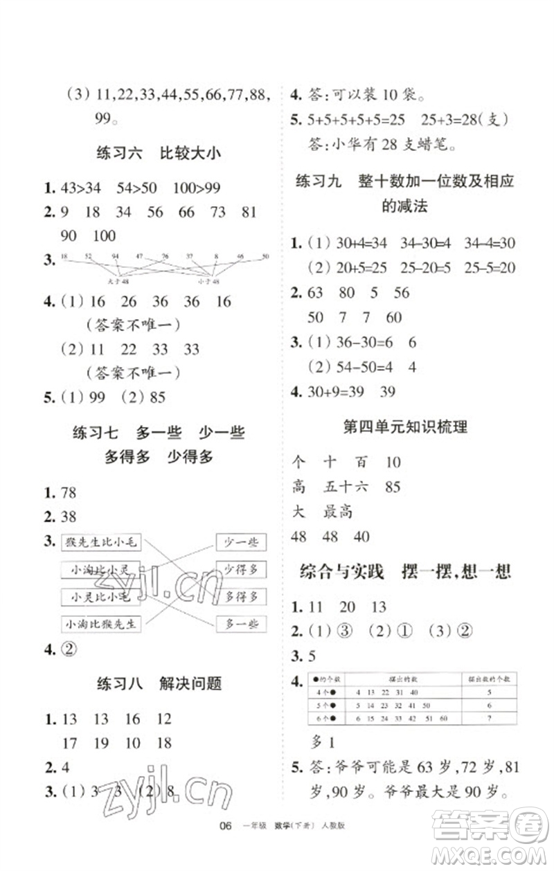 寧夏人民教育出版社2023學(xué)習(xí)之友一年級數(shù)學(xué)下冊人教版參考答案