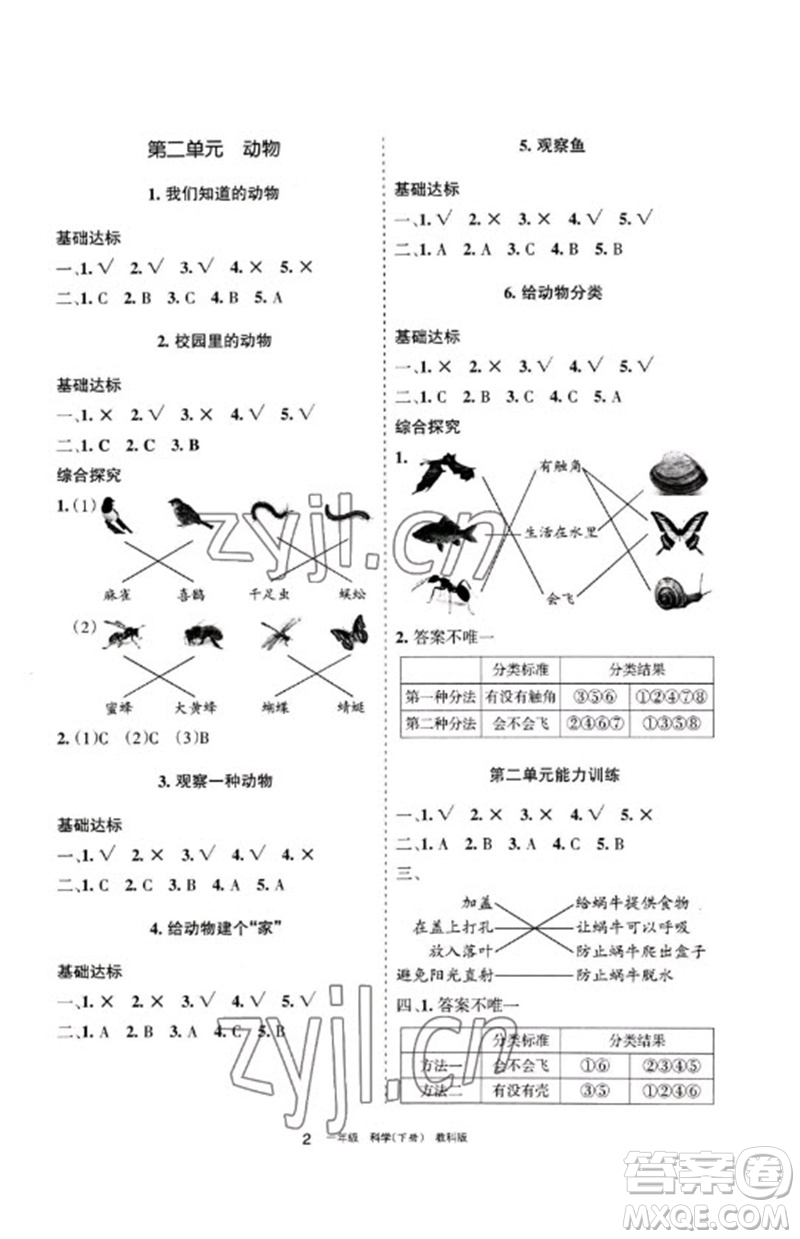 寧夏人民教育出版社2023學習之友一年級科學下冊教科版參考答案