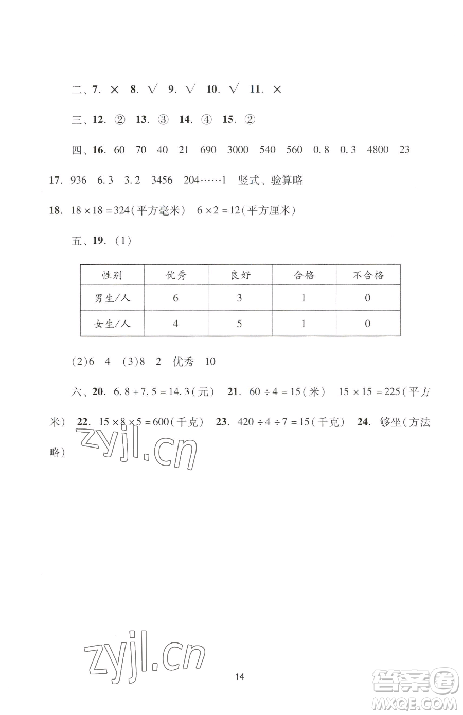 廣州出版社2023陽光學(xué)業(yè)評價(jià)三年級下冊數(shù)學(xué)人教版參考答案