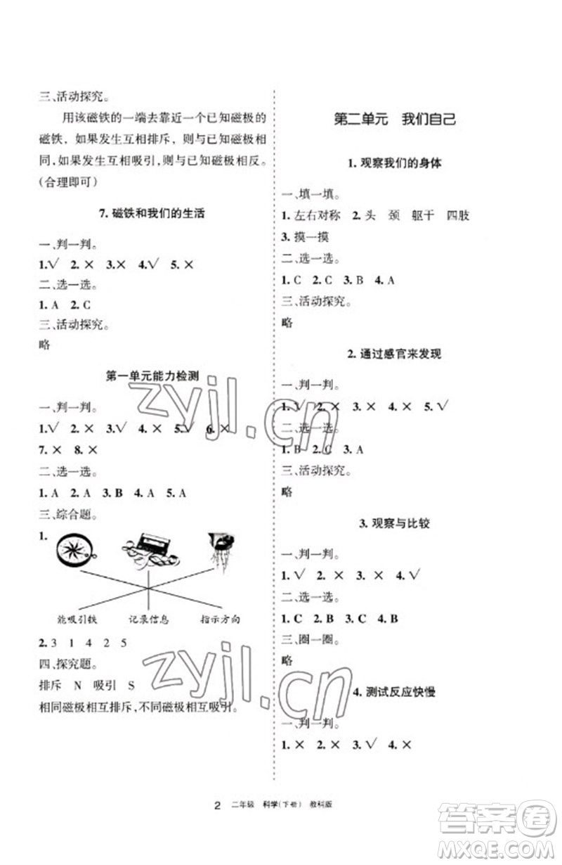 寧夏人民教育出版社2023學(xué)習(xí)之友二年級(jí)科學(xué)下冊(cè)教科版參考答案