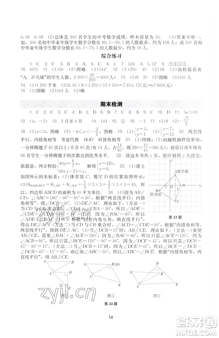 廣州出版社2023陽光學(xué)業(yè)評價(jià)七年級下冊數(shù)學(xué)人教版參考答案
