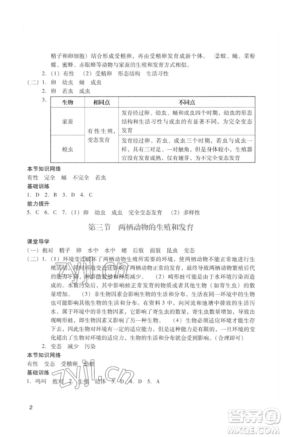 廣州出版社2023陽光學(xué)業(yè)評價八年級下冊生物人教版參考答案