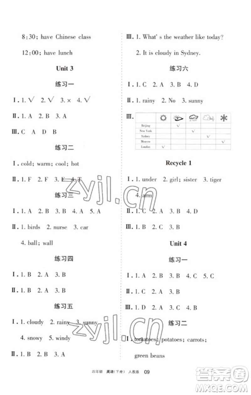 寧夏人民教育出版社2023學習之友四年級英語下冊人教PEP版參考答案