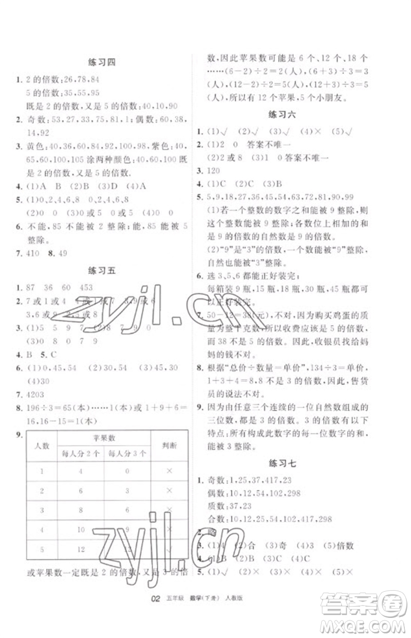 寧夏人民教育出版社2023學習之友五年級數(shù)學下冊人教版參考答案