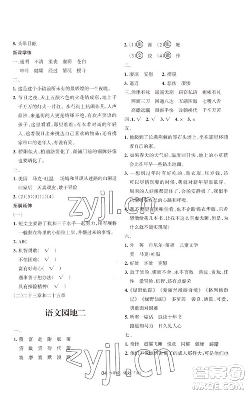 寧夏人民教育出版社2023學(xué)習(xí)之友六年級語文下冊人教版參考答案