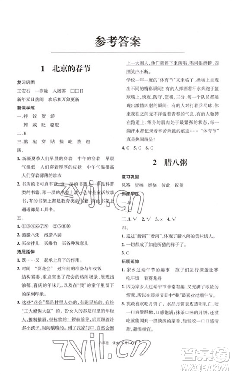 寧夏人民教育出版社2023學(xué)習(xí)之友六年級語文下冊人教版參考答案