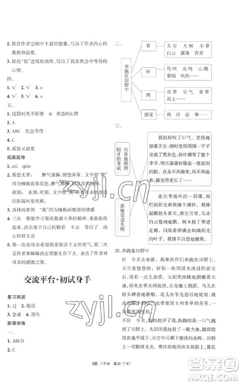 寧夏人民教育出版社2023學(xué)習(xí)之友六年級語文下冊人教版參考答案