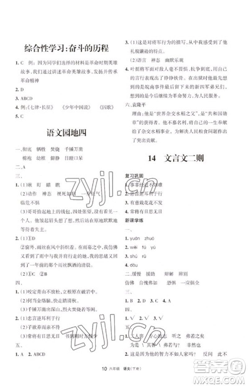 寧夏人民教育出版社2023學(xué)習(xí)之友六年級語文下冊人教版參考答案