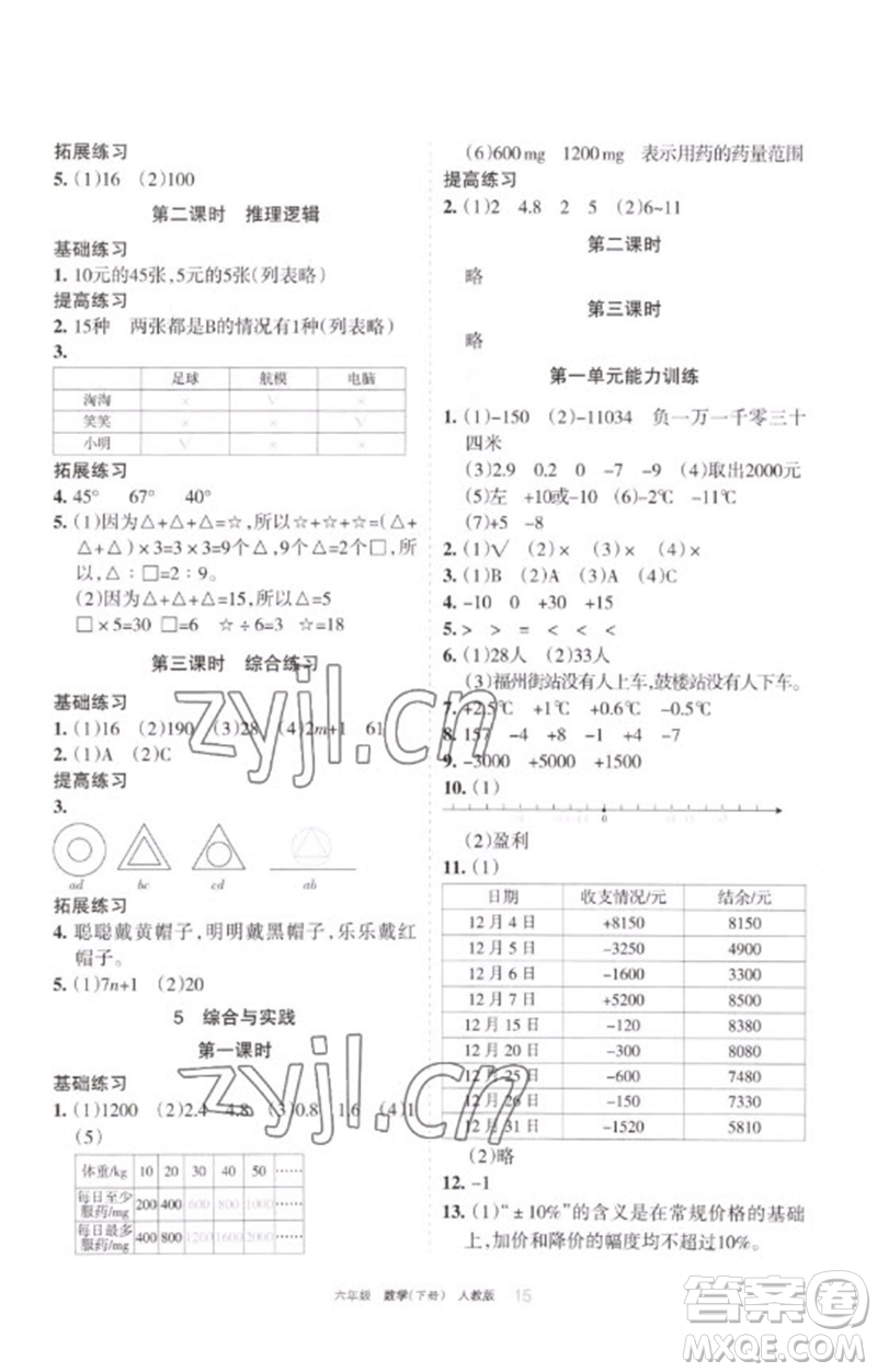 寧夏人民教育出版社2023學(xué)習(xí)之友六年級(jí)數(shù)學(xué)下冊(cè)人教版參考答案