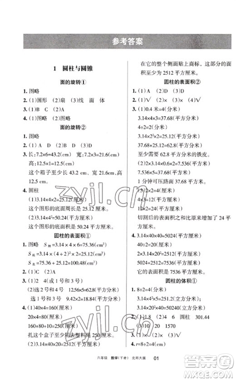 寧夏人民教育出版社2023學(xué)習(xí)之友六年級數(shù)學(xué)下冊北師大版參考答案
