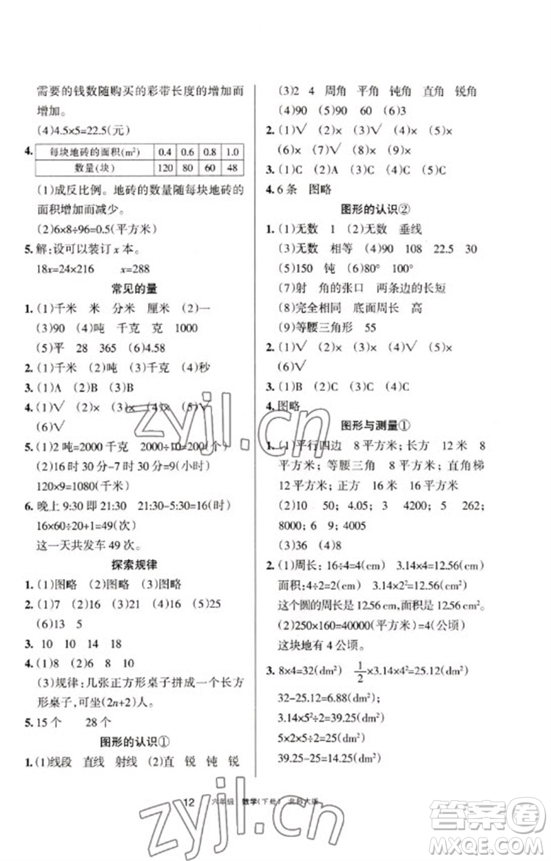 寧夏人民教育出版社2023學(xué)習(xí)之友六年級數(shù)學(xué)下冊北師大版參考答案