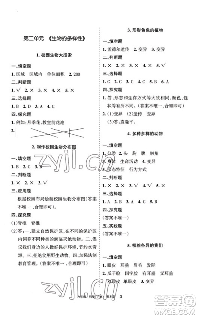 寧夏人民教育出版社2023學習之友六年級科學下冊教科版參考答案