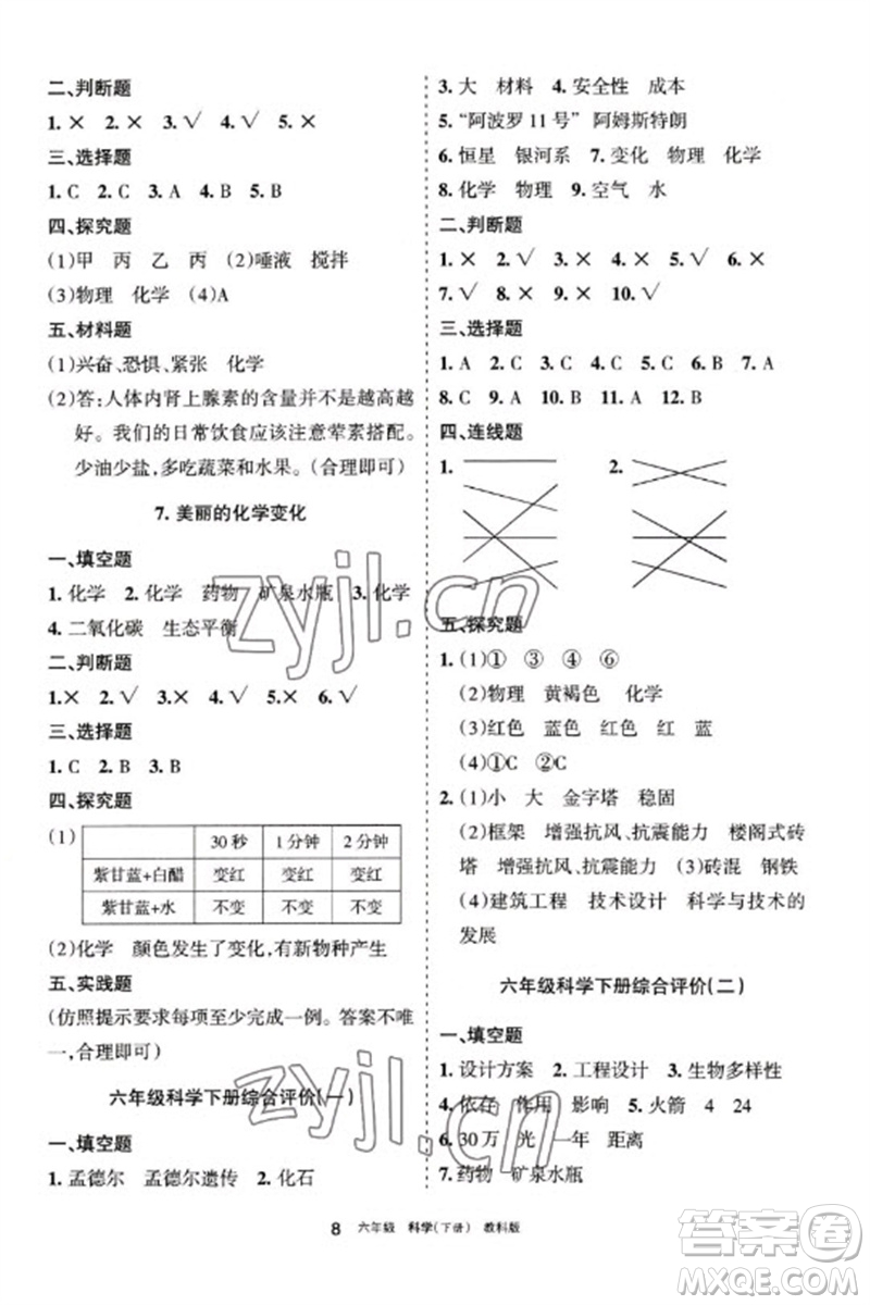 寧夏人民教育出版社2023學習之友六年級科學下冊教科版參考答案