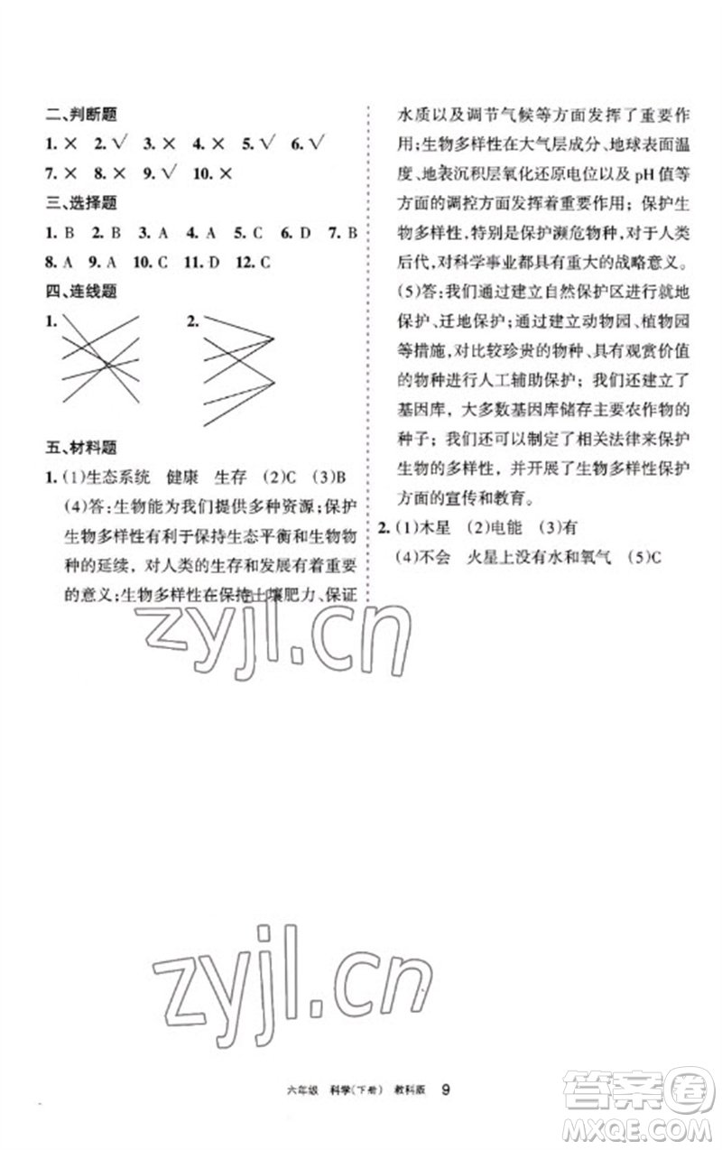 寧夏人民教育出版社2023學習之友六年級科學下冊教科版參考答案