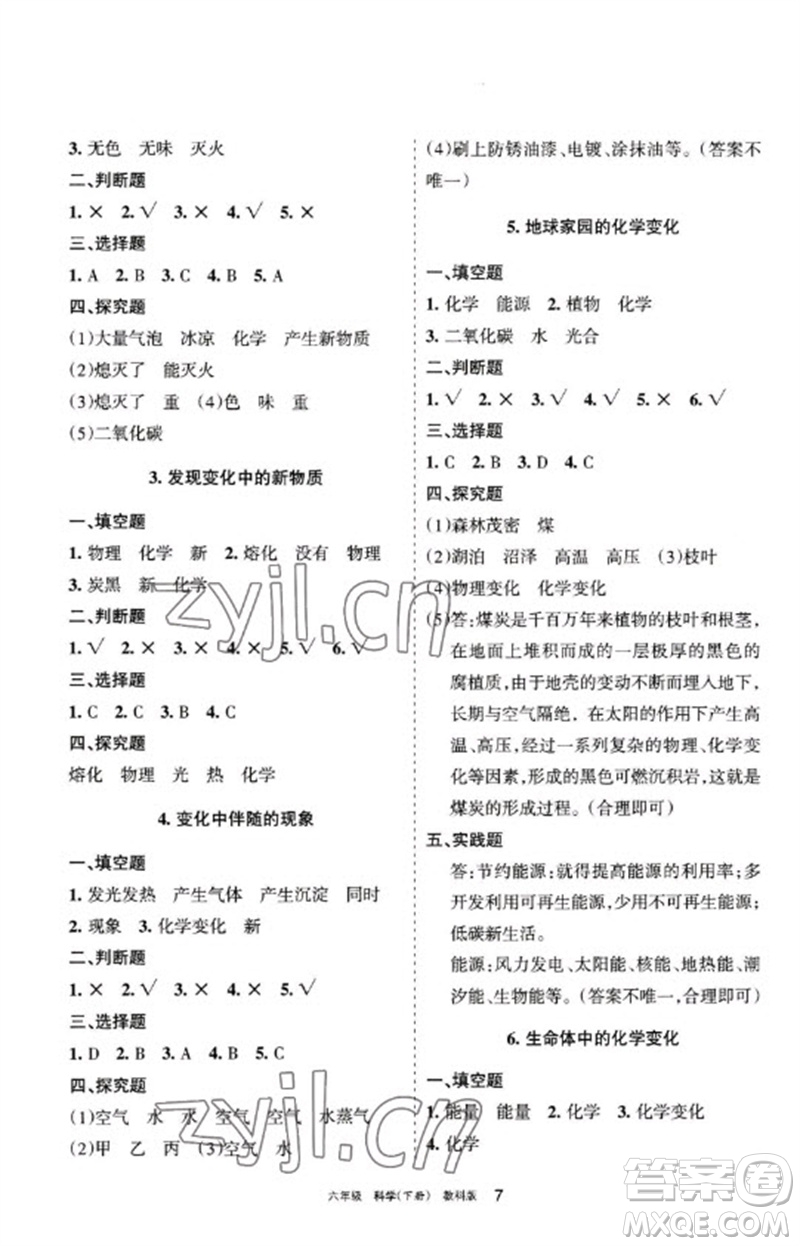 寧夏人民教育出版社2023學習之友六年級科學下冊教科版參考答案