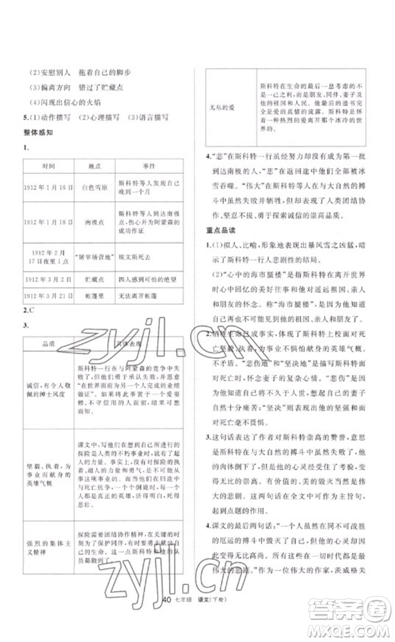 寧夏人民教育出版社2023學(xué)習(xí)之友七年級(jí)語(yǔ)文下冊(cè)人教版參考答案