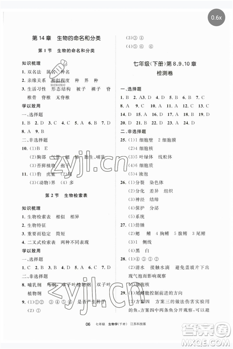 寧夏人民教育出版社2023學(xué)習(xí)之友七年級(jí)生物下冊(cè)蘇科版參考答案