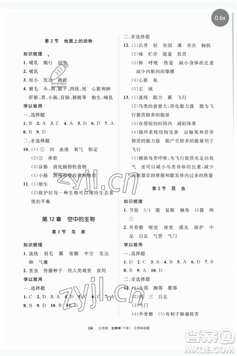 寧夏人民教育出版社2023學(xué)習(xí)之友七年級(jí)生物下冊(cè)蘇科版參考答案