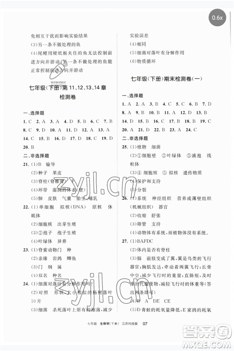 寧夏人民教育出版社2023學(xué)習(xí)之友七年級(jí)生物下冊(cè)蘇科版參考答案