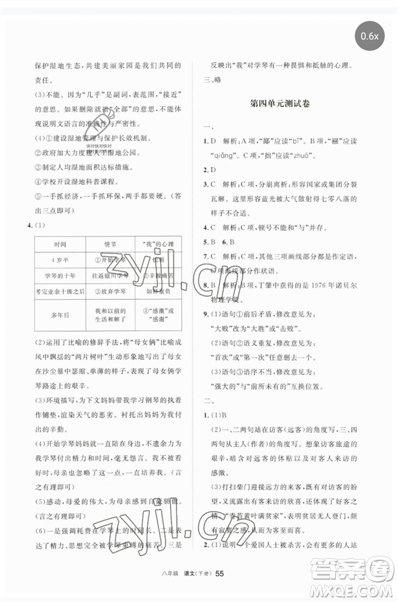 寧夏人民教育出版社2023學(xué)習(xí)之友八年級語文下冊人教版參考答案