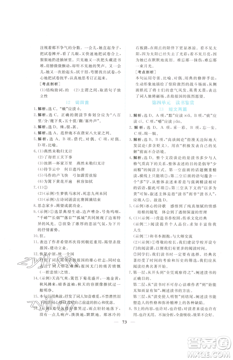 青海人民出版社2023新坐標同步練習九年級下冊語文人教版青海專用參考答案