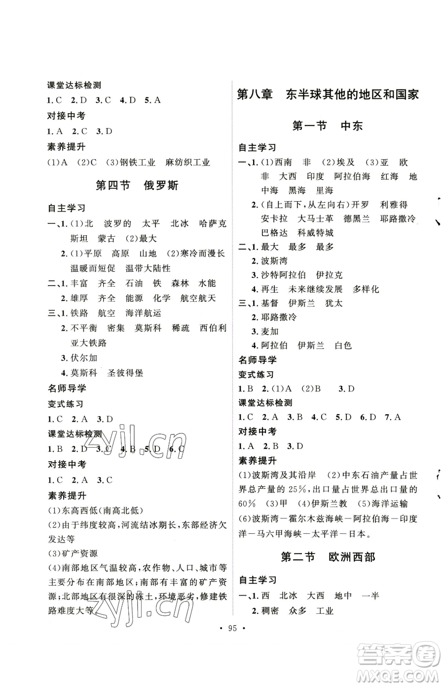 陜西人民出版社2023實驗教材新學(xué)案七年級下冊地理人教版參考答案