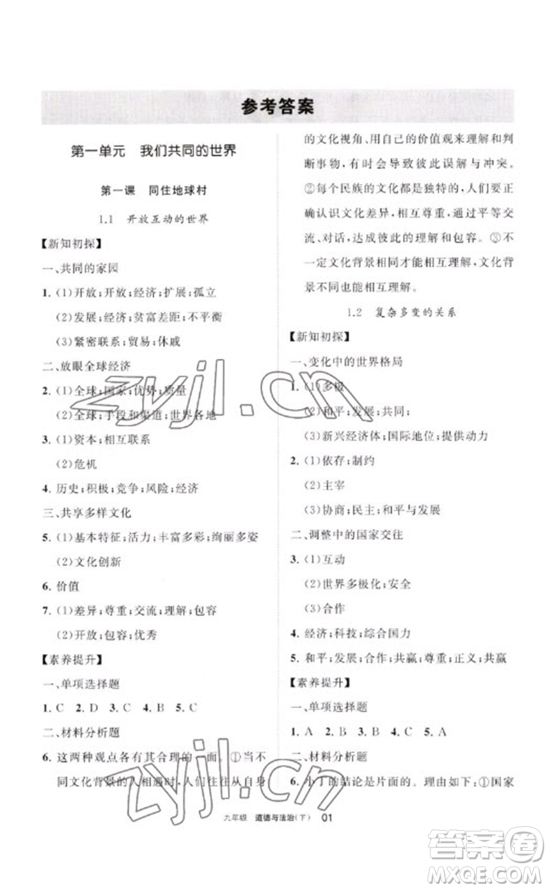 寧夏人民教育出版社2023學(xué)習(xí)之友九年級(jí)道德與法治下冊(cè)人教版參考答案