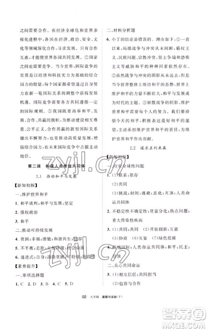 寧夏人民教育出版社2023學(xué)習(xí)之友九年級(jí)道德與法治下冊(cè)人教版參考答案